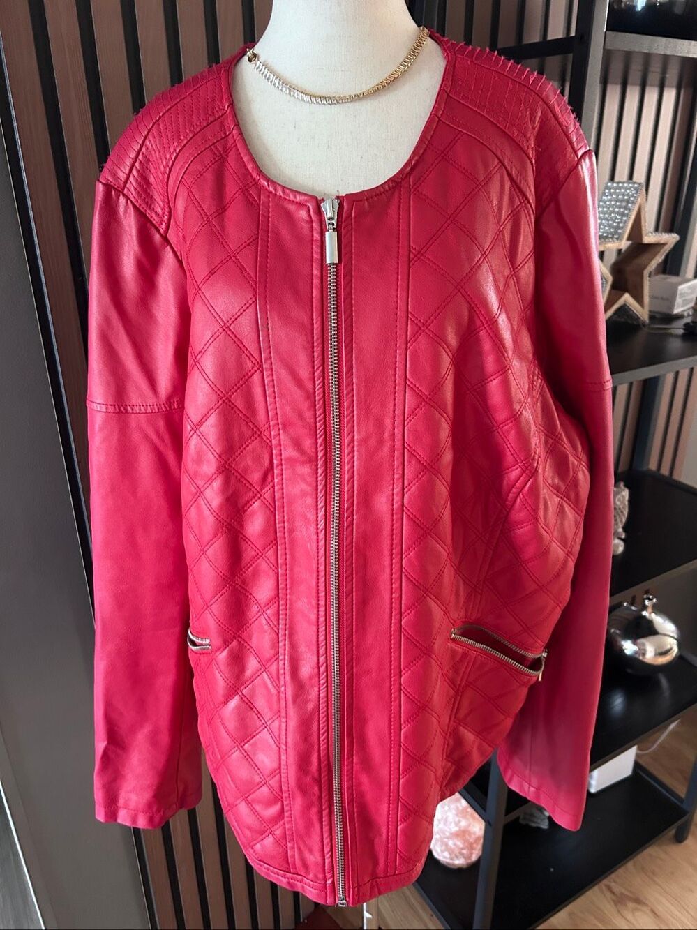Lane Bryant red diamond-quilted faux leather zip-up jacket featuring a collarles